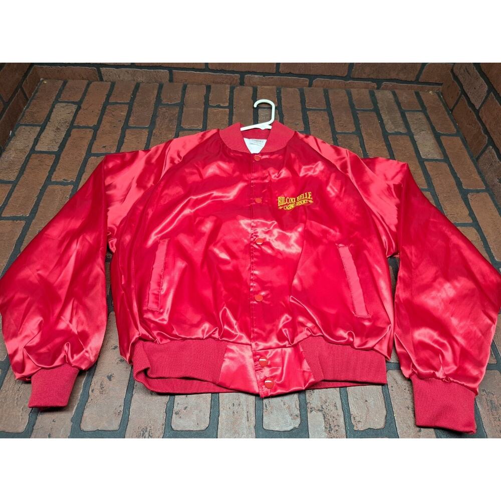 New Vintage Satin Lined Jacket Windbreaker Red Adult XL 80s Biloxi Belle Casino